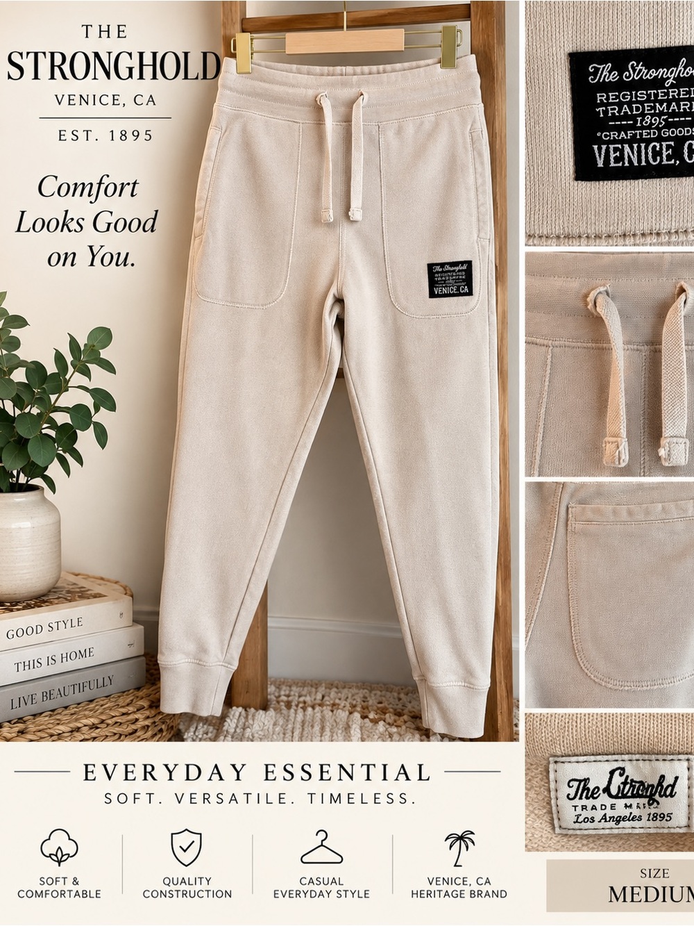 The Stronghold Men's Beige Drawstring Joggers